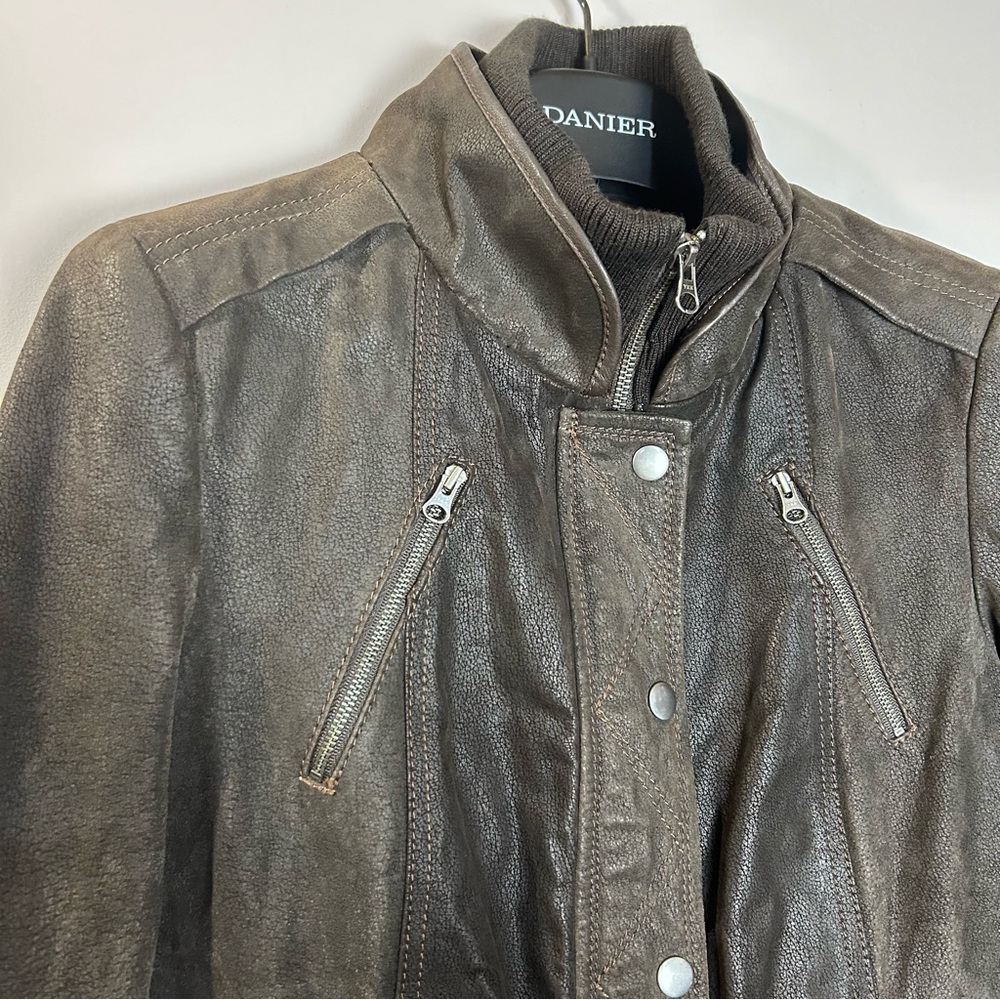 Danier leather jacket size‎ medium brown zippered bomber wool blend collar- READ - Picture 3 of 9